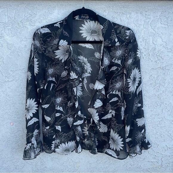 Sheer Black Floral Blouse w/ Ruffle Details SZ SM - Whimsygoth Romantic Grunge - Picture 1 of 8